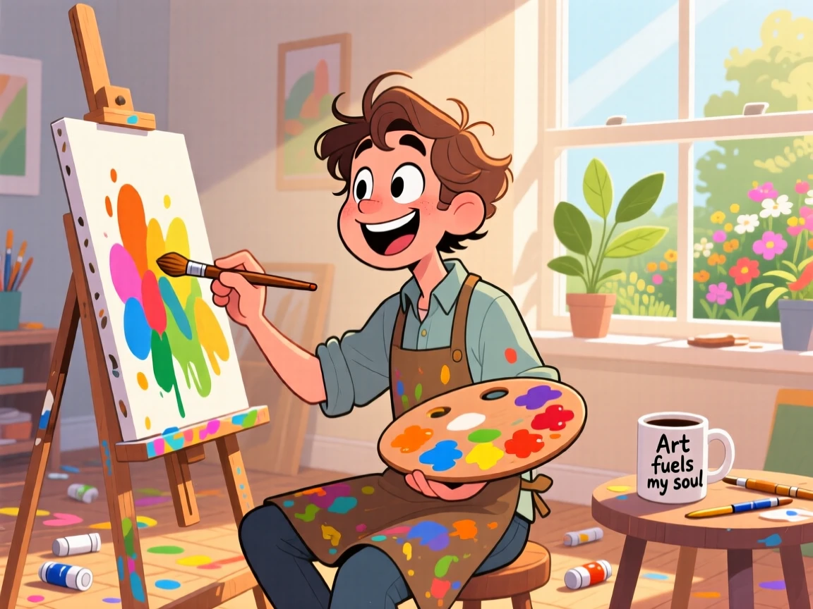 An everyday-life snapshot of a hobbyist painter, completely absorbed in the middle of their favorite hobby, as soft light streams through a nearby window.