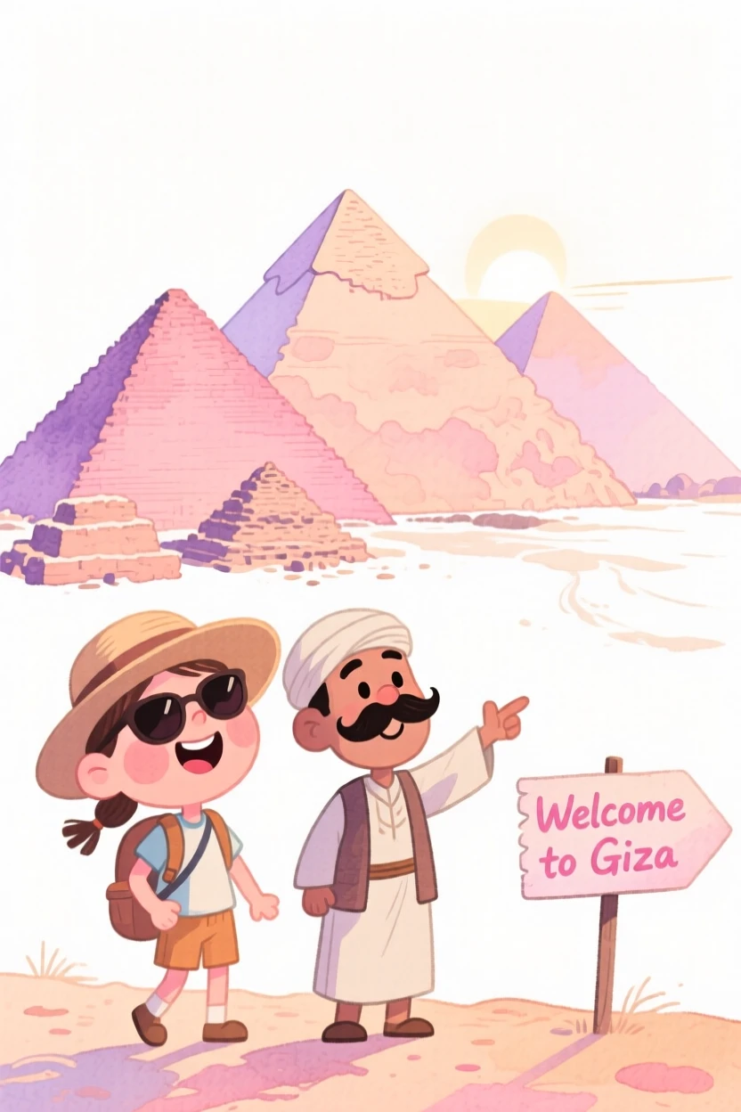 A dreamy travel postcard scene of the pyramids of Giza at soft pink dawn