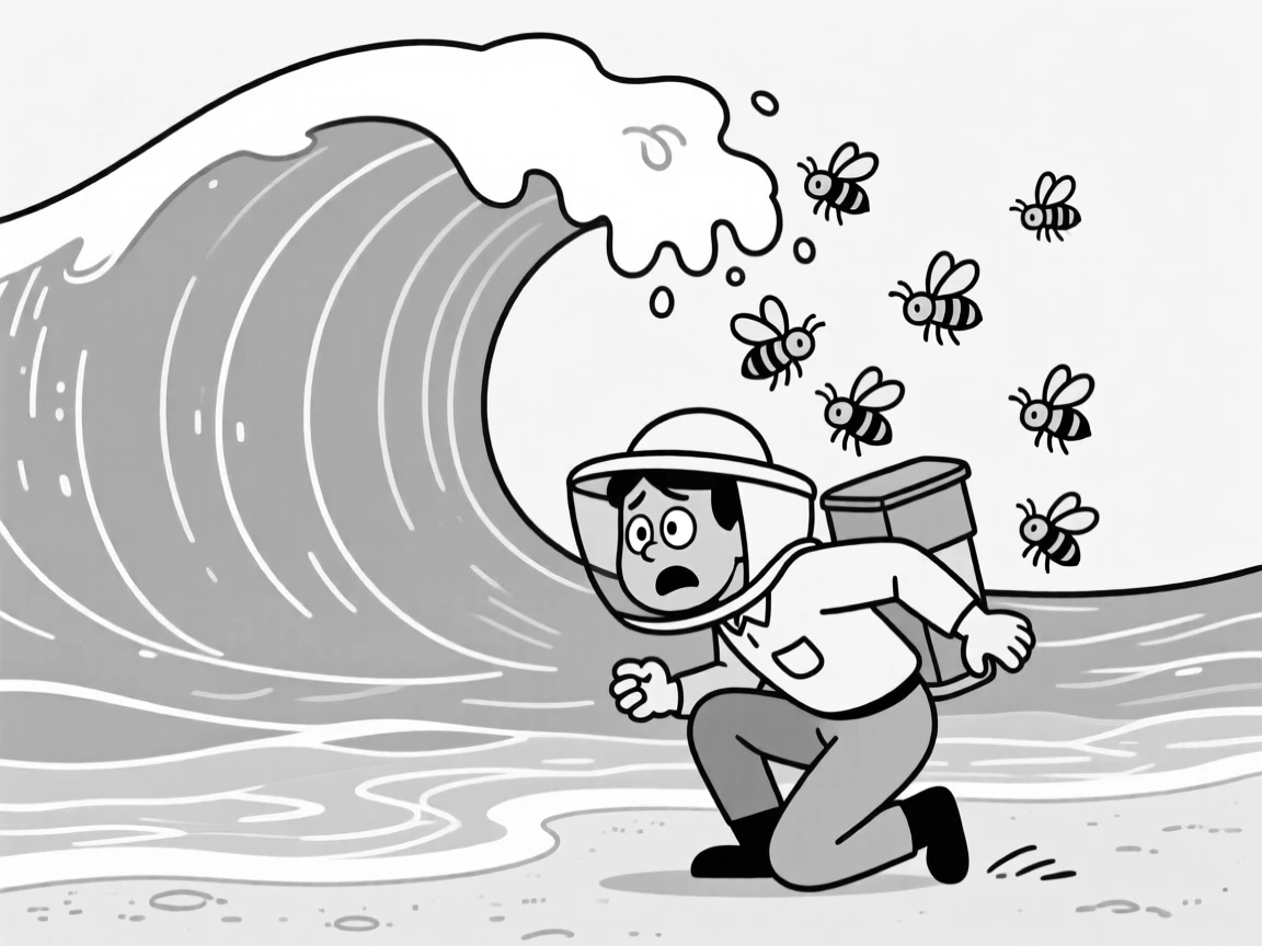 A beekeeper's assistant backing away nervously from buzzing bees, crouching low as the wave curls overhead, set on a churning ocean wave. Seafoam traces delicate patterns in the sand. There's a fresh, playful energy woven through the moment.