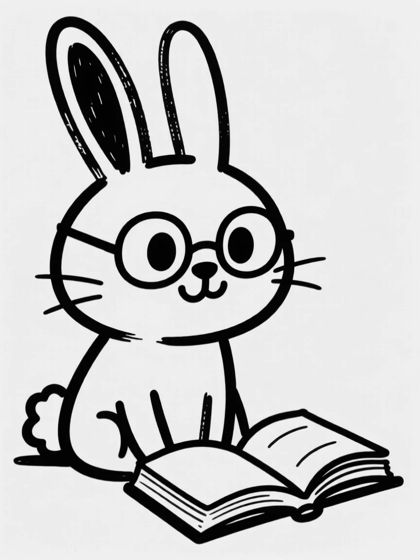 A bunny rabbit wearing tiny reading glasses, sitting beside an open book.
