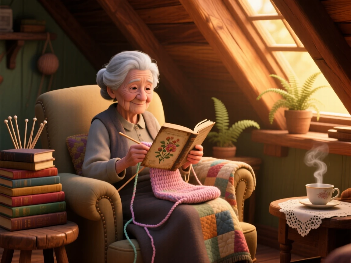 A grandmother knitting quietly sits in an attic room with slanted wooden beams, reading an old paperback novel. The atmosphere is warm, unhurried, and peaceful, with a stack of books piled beside them.