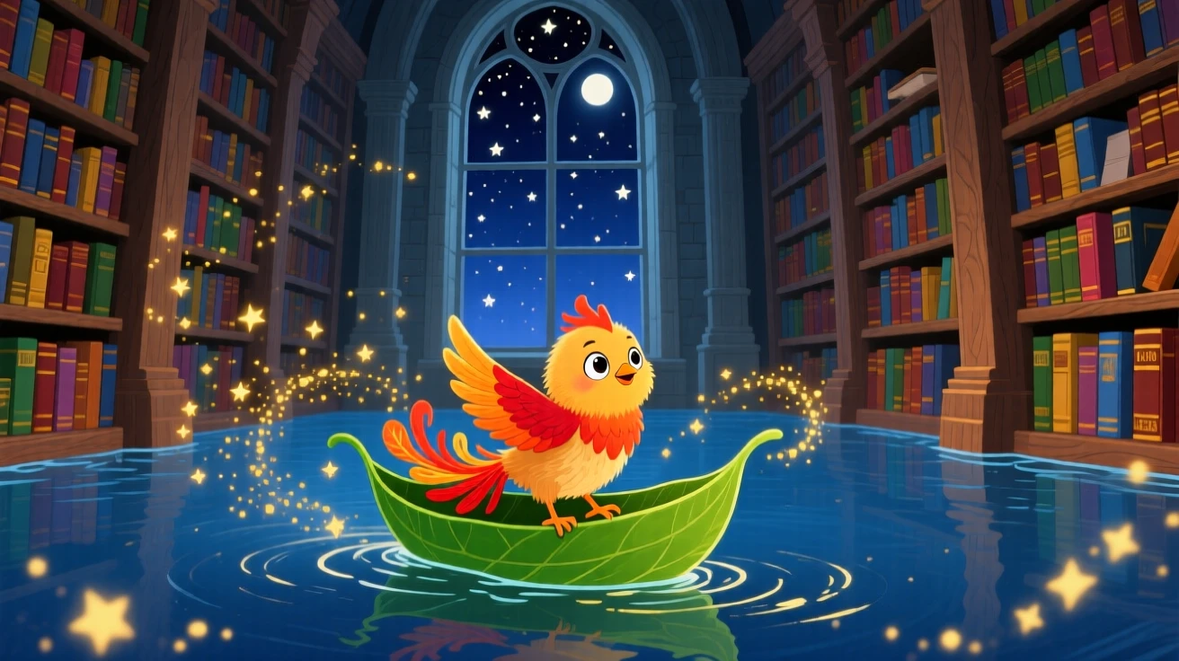 A phoenix chick is riding a floating leaf boat across a starlit lake in an ancient library tower, as sparkling magic dust drifts through the air.