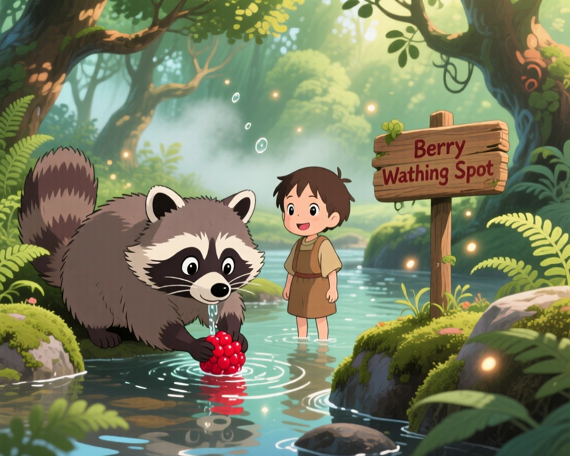 A raccoon washing a berry in a shallow stream, beside a small child watching with delight, radiating pure charm.