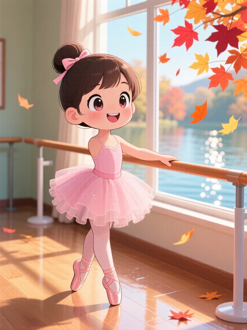 In a sunlit dance studio, a little ballerina is practicing at a barre with focused determination with autumn leaves swirling around, bathed in shimmering reflected light off water, expression full of giggling amusement. Shot as a close-up portrait.