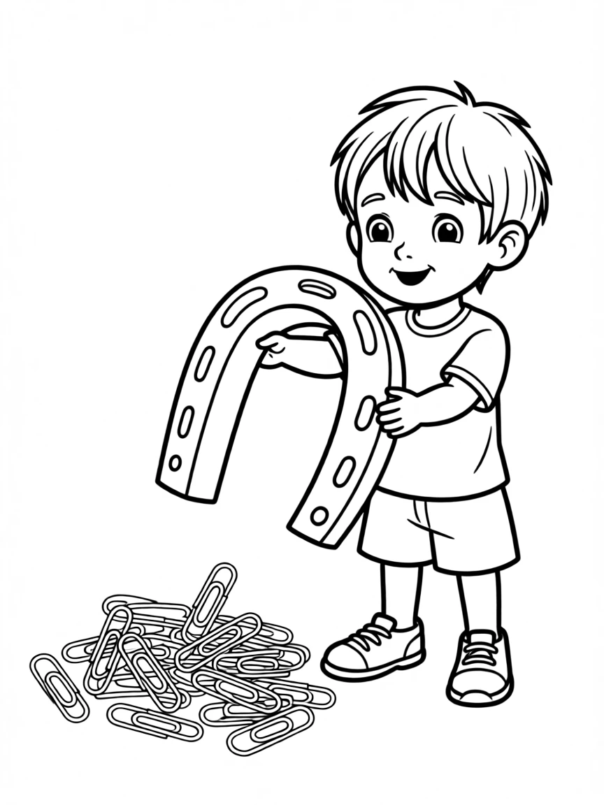 A child using a magnet to pick up metal paperclips