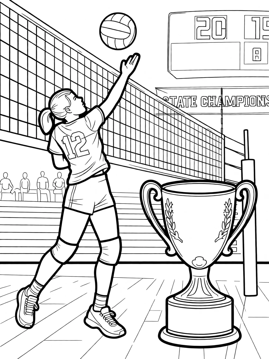 A volleyball player spiking the ball at the net, with a trophy gleaming nearby.