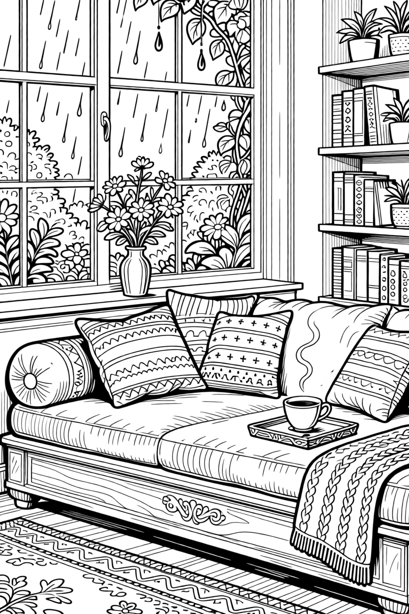 A cozy window seat with cushions overlooking a rainy garden.