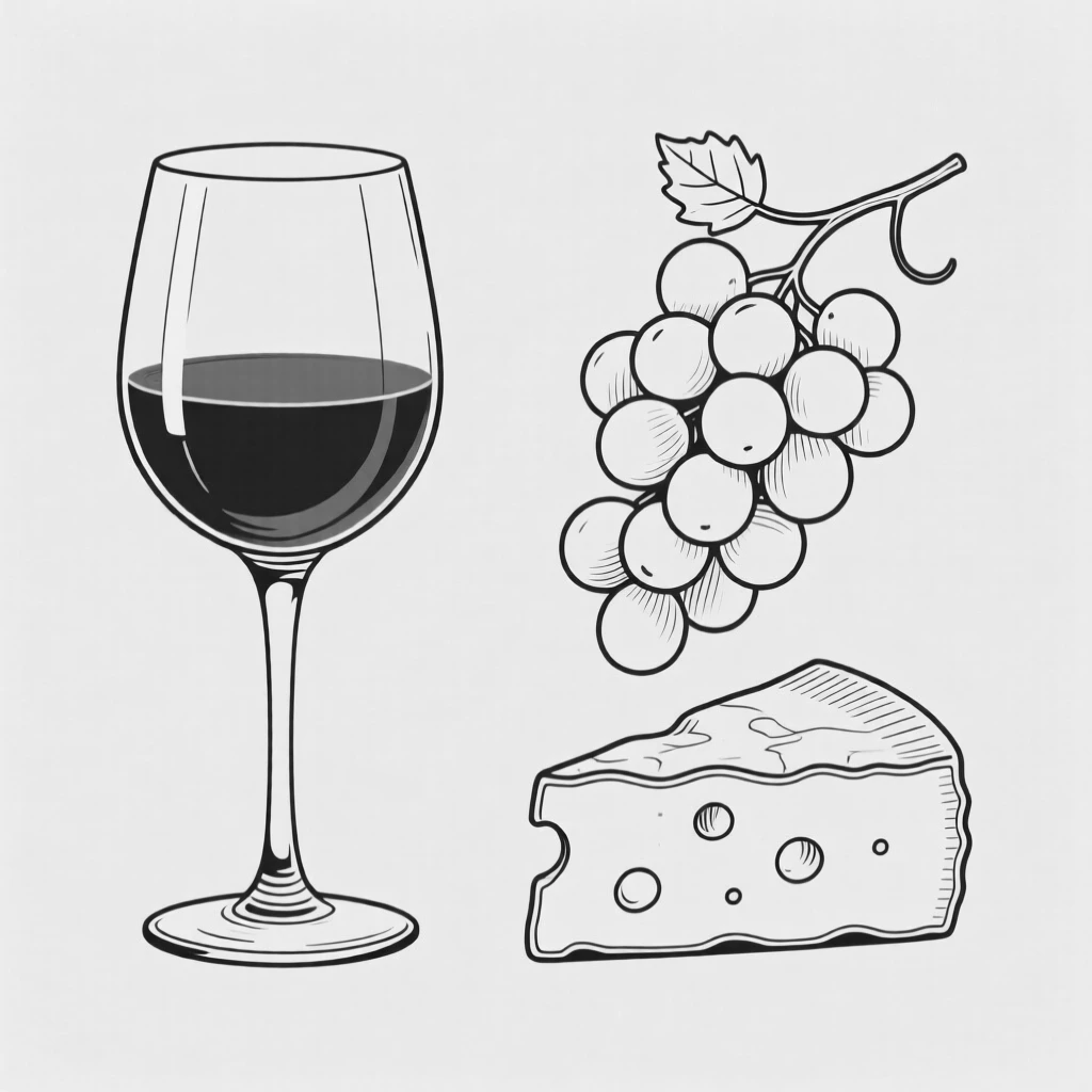A glass of red wine beside a cluster of grapes and cheese