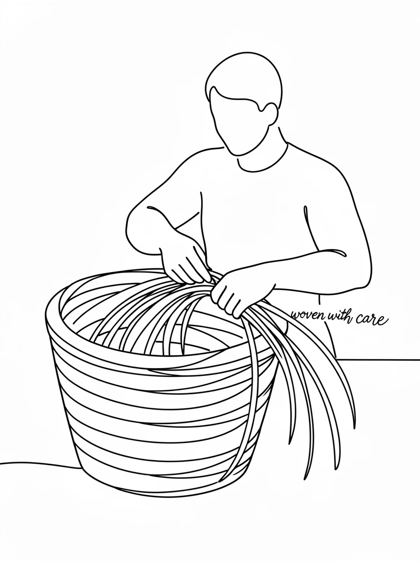 A basket weaver twisting reeds into a half-finished woven basket