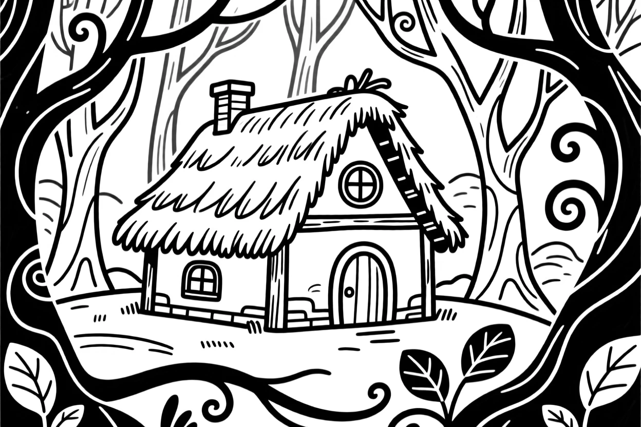 A fairy tale cottage with a thatched roof nestled deep in an enchanted forest.