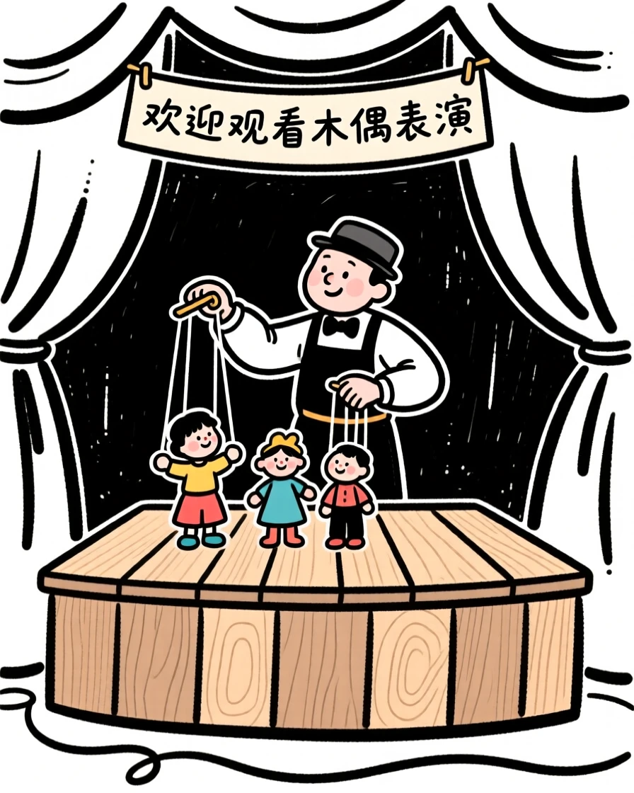 A puppeteer performing behind a small wooden stage for children.