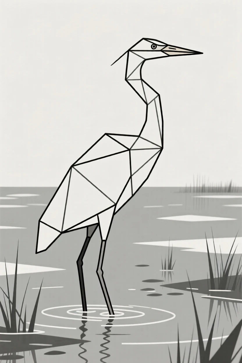 A heron standing still in a shallow marsh