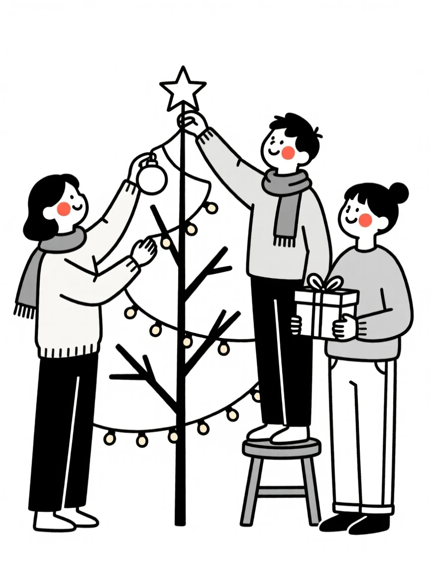 A group of friends decorating for Christmas.
