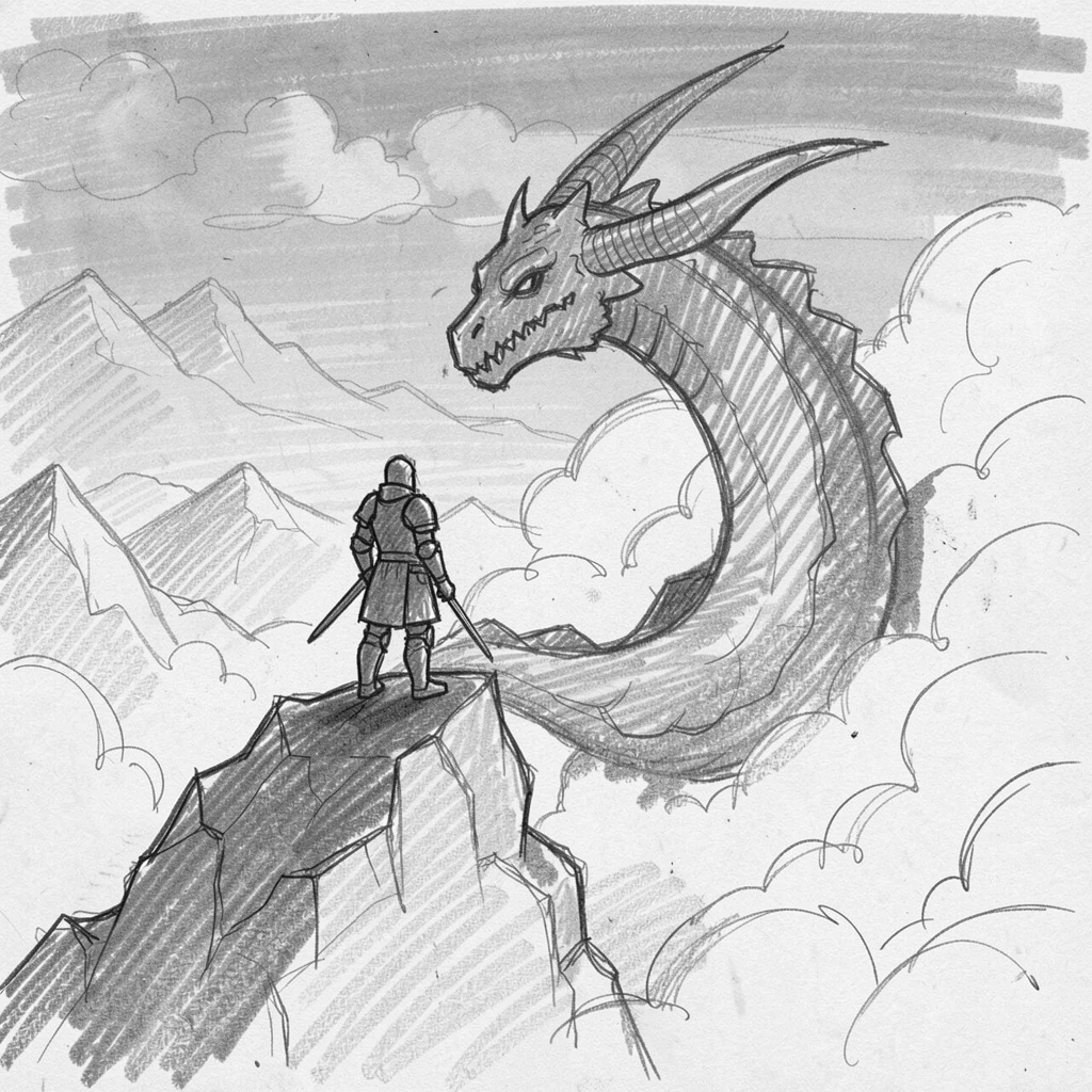 An epic fantasy scene of a knight facing a shadowy dragon atop a mountain pierced by clouds, with distant mountains glowing violet in the twilight.