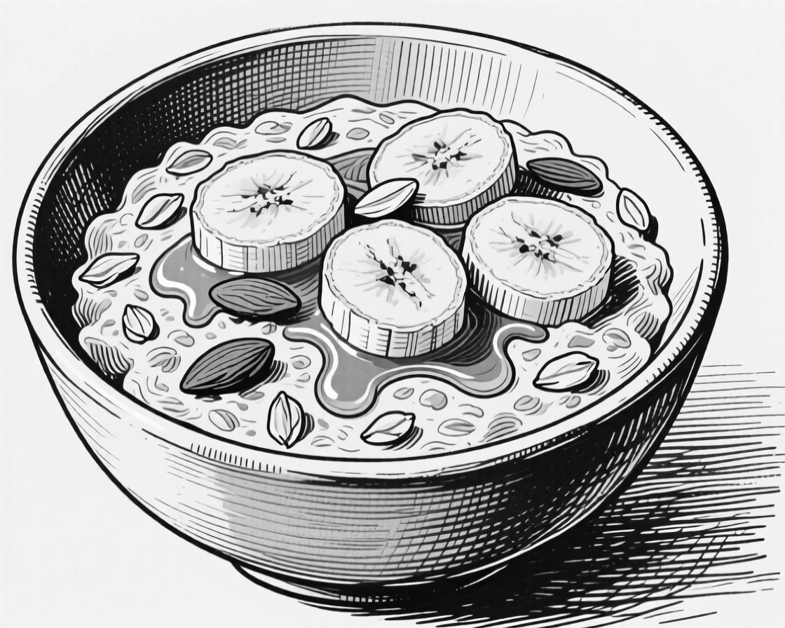 A bowl of oatmeal topped with sliced banana, honey, and toasted almonds.