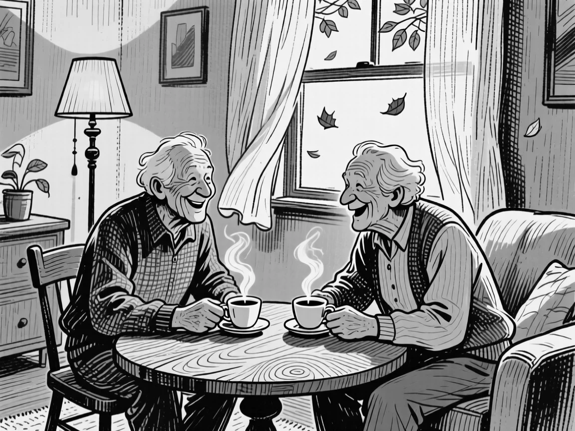 Two old friends sharing coffee at a small table within a warmly lit living room, with leaves drifting past them in the wind, creating a lighthearted and playful lifestyle scene.
