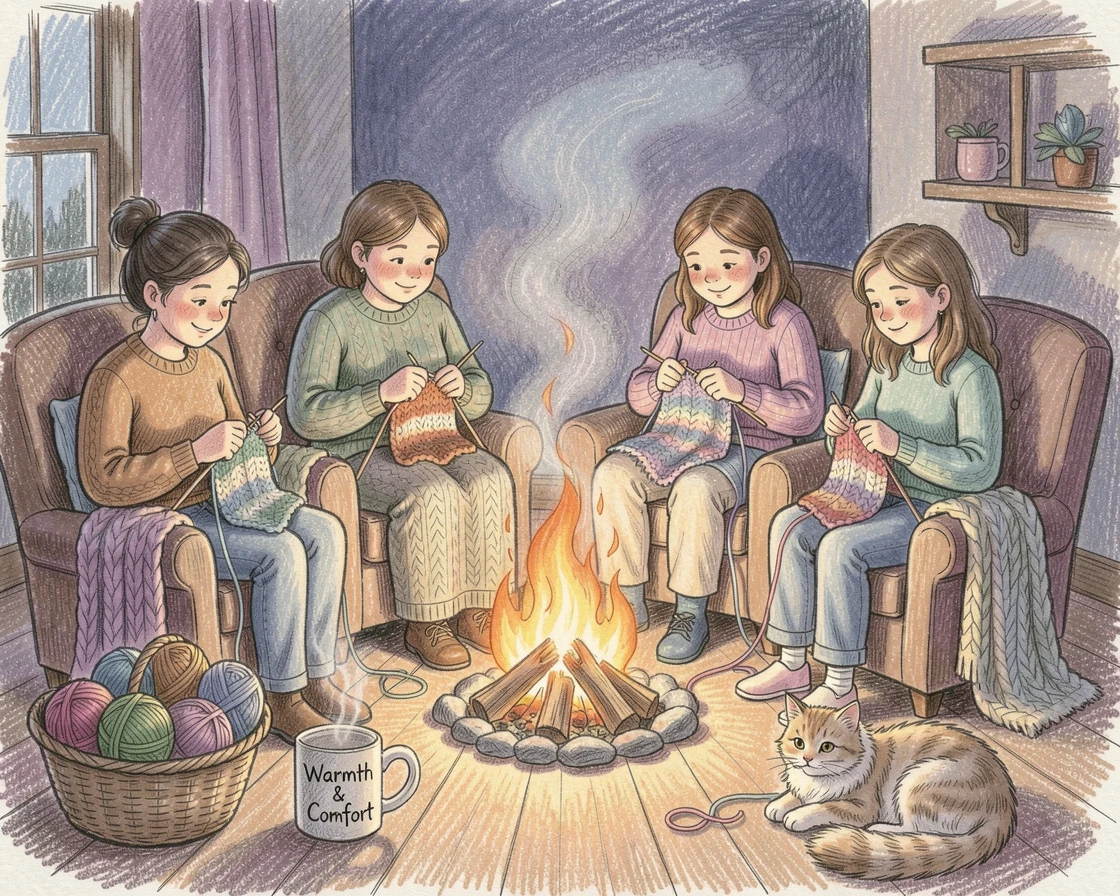 A cozy knitting circle gathered by a crackling fire, set against a softly lit, atmospheric backdrop, perfect for anyone drawn to gentle, heartfelt imagery.