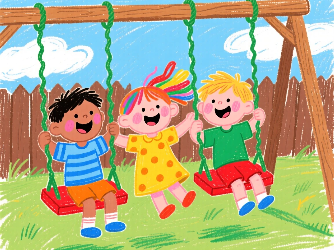 A group of young siblings laughing together on a backyard swing set.