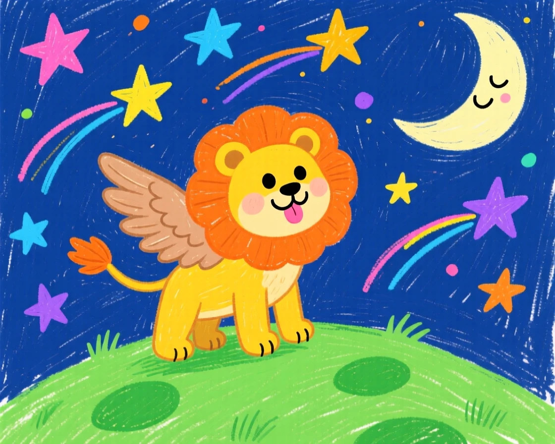 A playful griffin cub beneath a sky full of shooting stars.