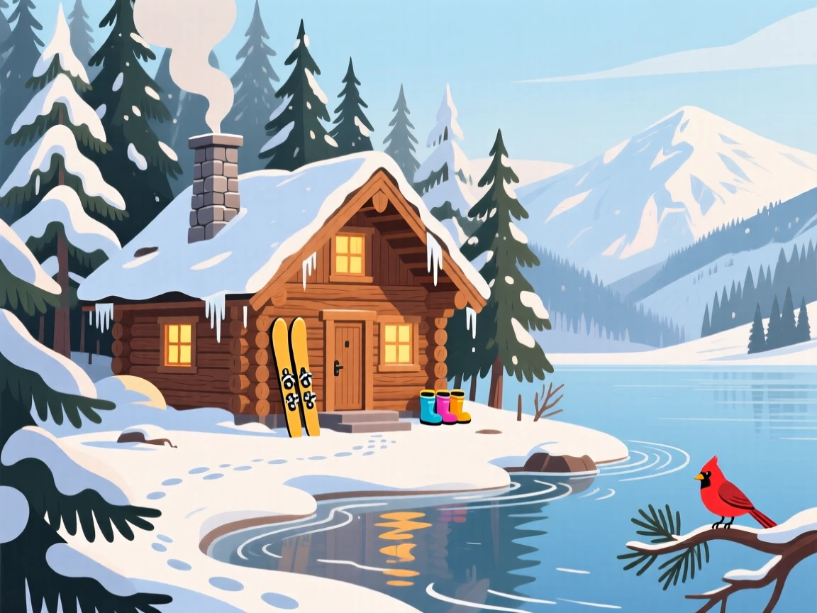 A cozy alpine chalet surrounded by snow-covered pines, with gentle waves lapping at the shore nearby, framed to showcase both intimate detail and grand scale, with a joyful, adventurous atmosphere.