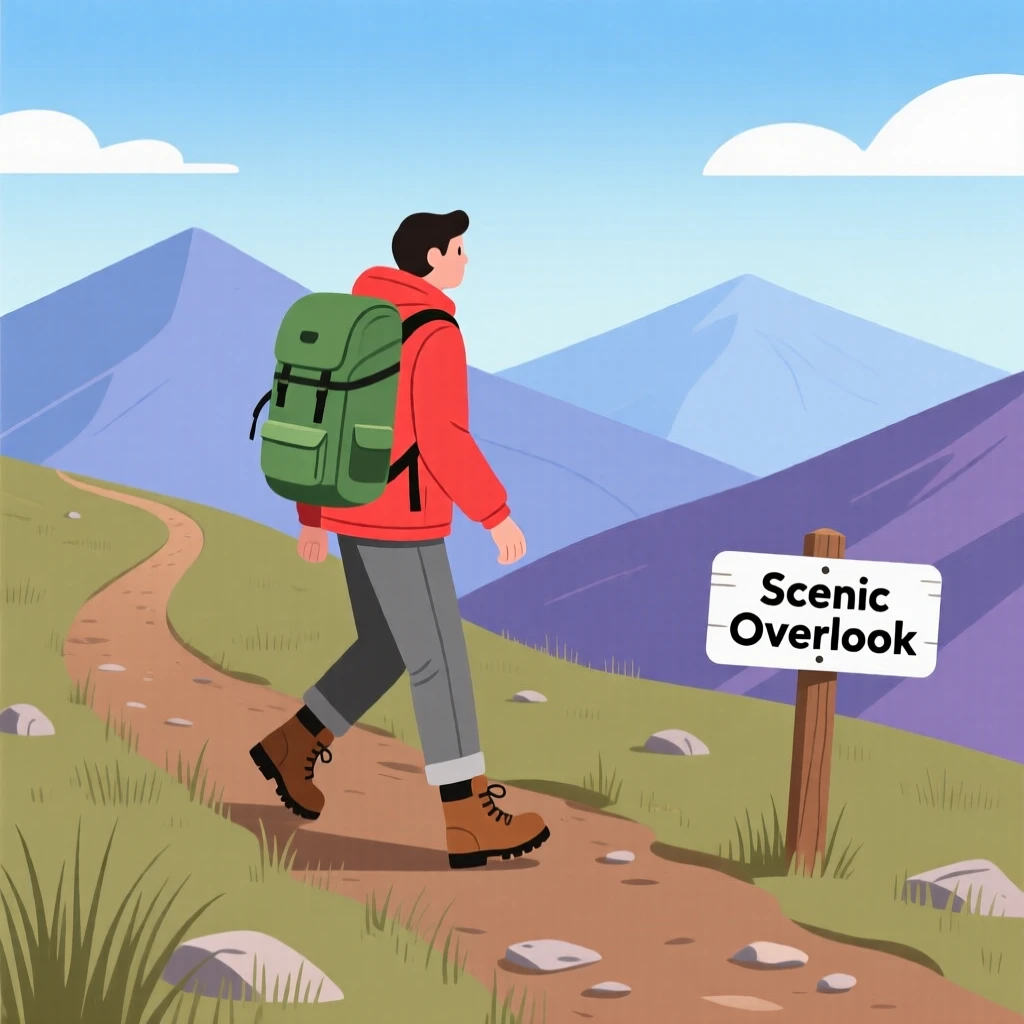 A backpacker walking along a winding mountain trail with a scenic overlook.