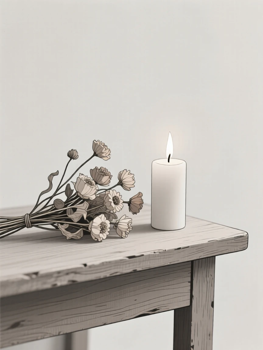A close-up study of a bouquet of dried flowers placed beside a burning candle on a weathered wooden desk, full of understated elegance.