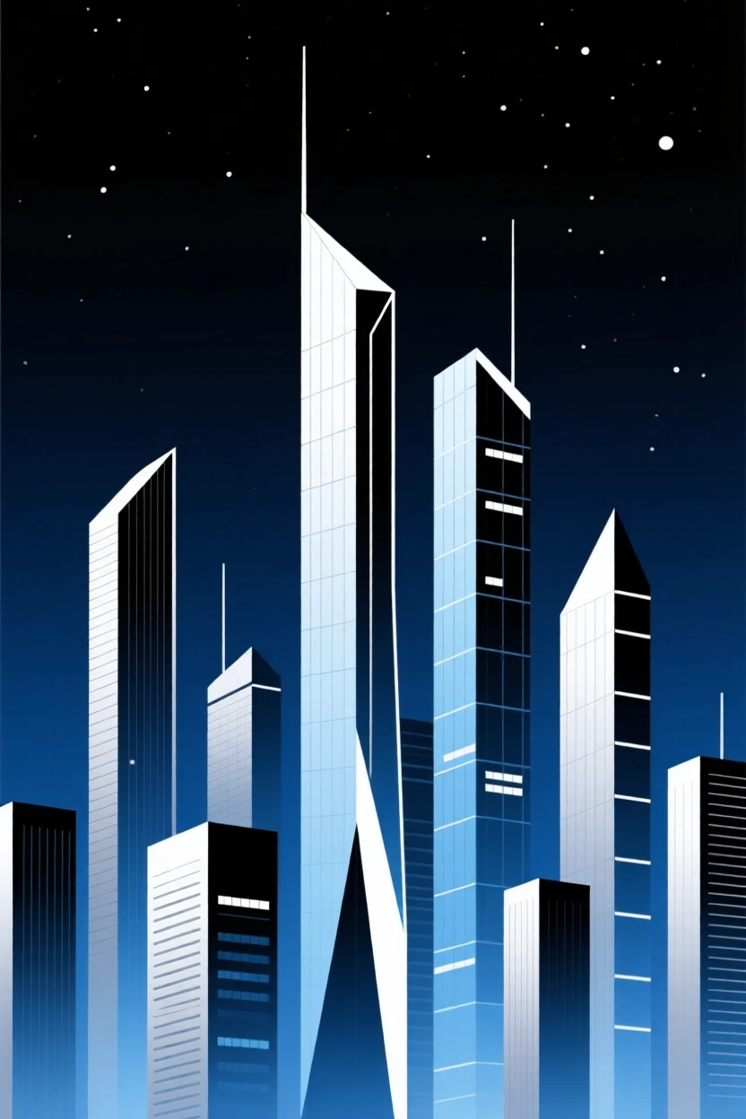 A futuristic skyline with glass skyscrapers at night