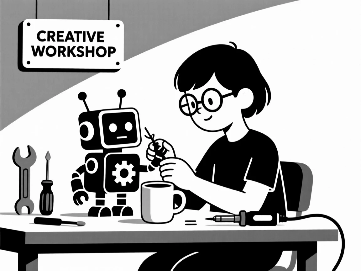 A young inventor tinkering with a small robot.