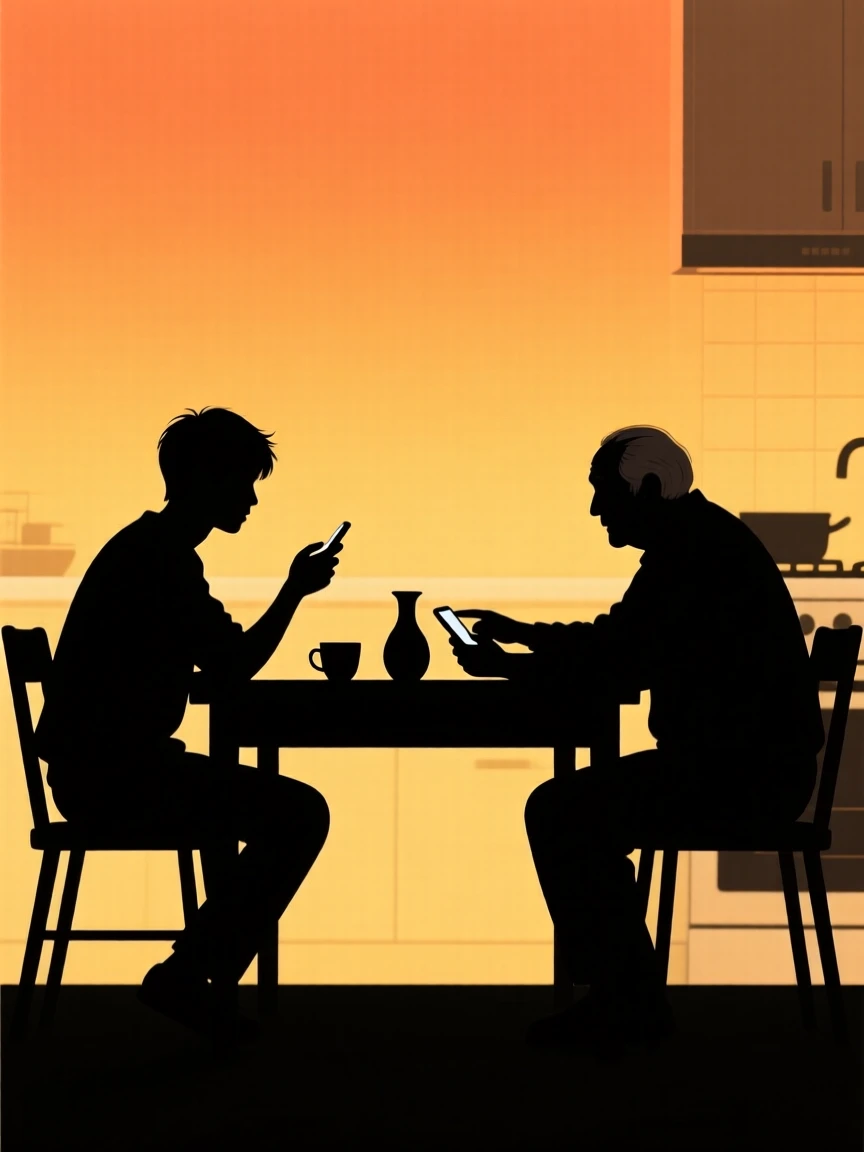 A young man teaching his elderly father to use a smartphone at the kitchen table.