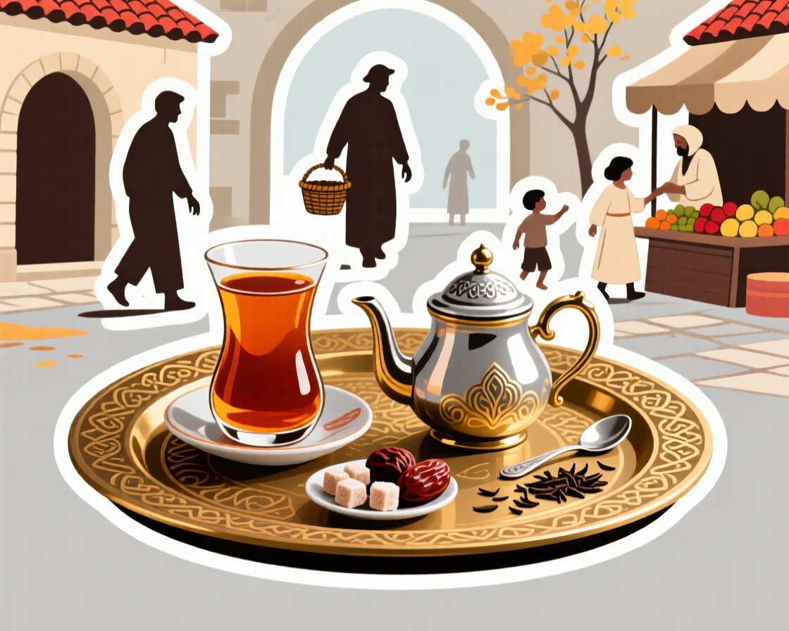 A charmingly authentic Turkish tea set on an ornate tray, with locals going about their day, during the region's most beautiful season.