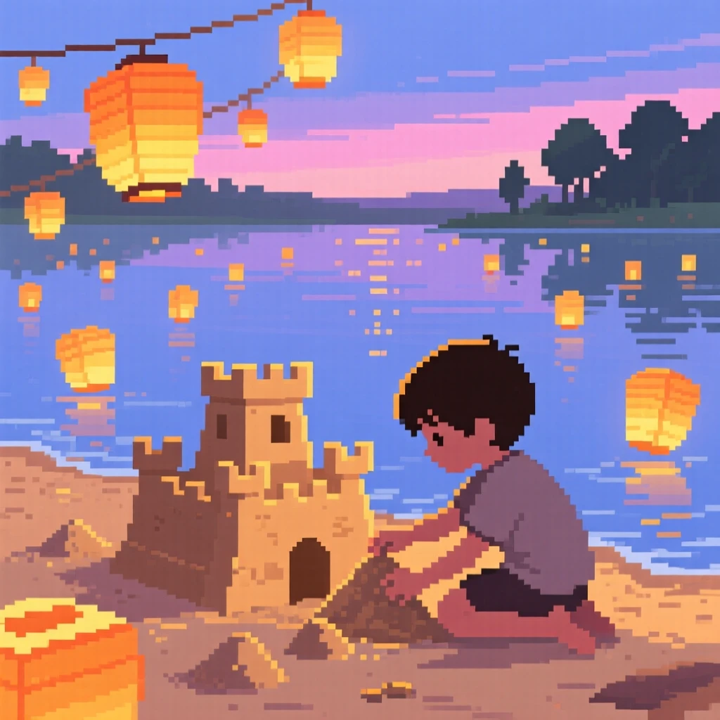 A child building a sandcastle lit by dozens of small paper lanterns, beside a lake during a warm summer evening.