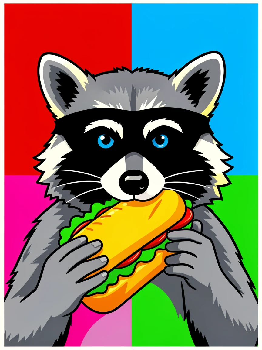 Raccoon wearing a tiny bandit mask stealing a sandwich