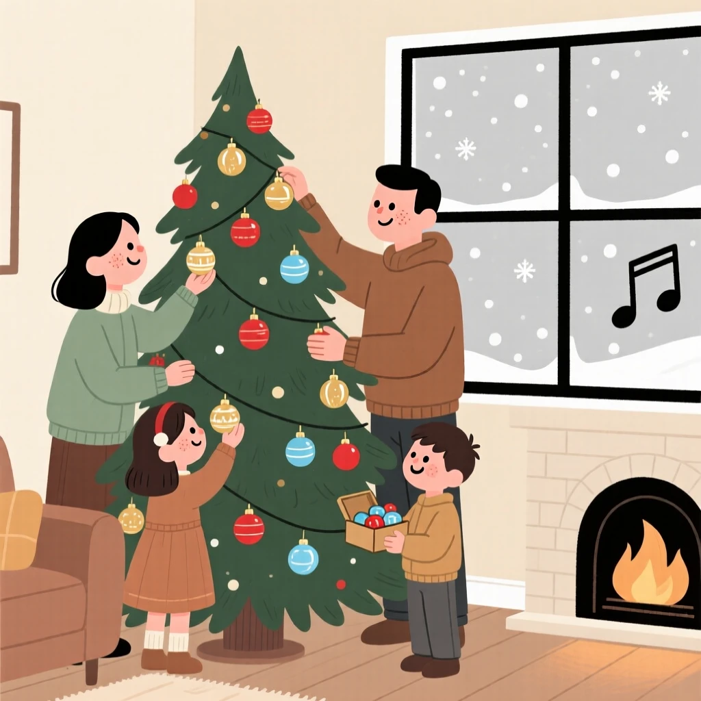 A family decorates a evergreen in the corner with antique glass baubles while carols plays softly and the first snow of winter falls outside the window.
