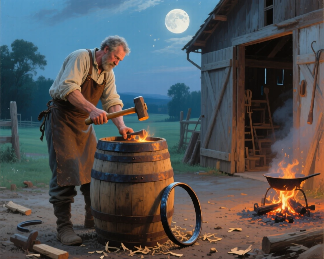 A well-framed scene of a cooper hammering hoops onto a wooden barrel, in the height of summer, under a full moon.