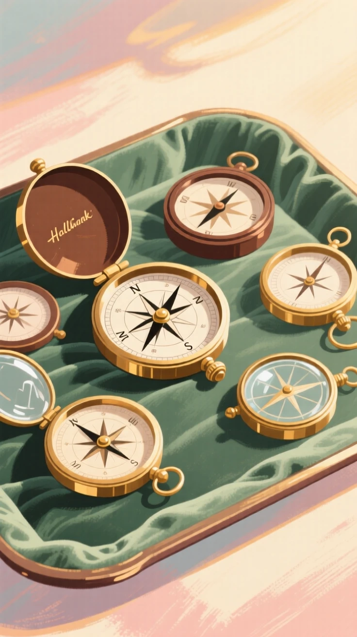 A collection of antique compasses arranged on a velvet tray