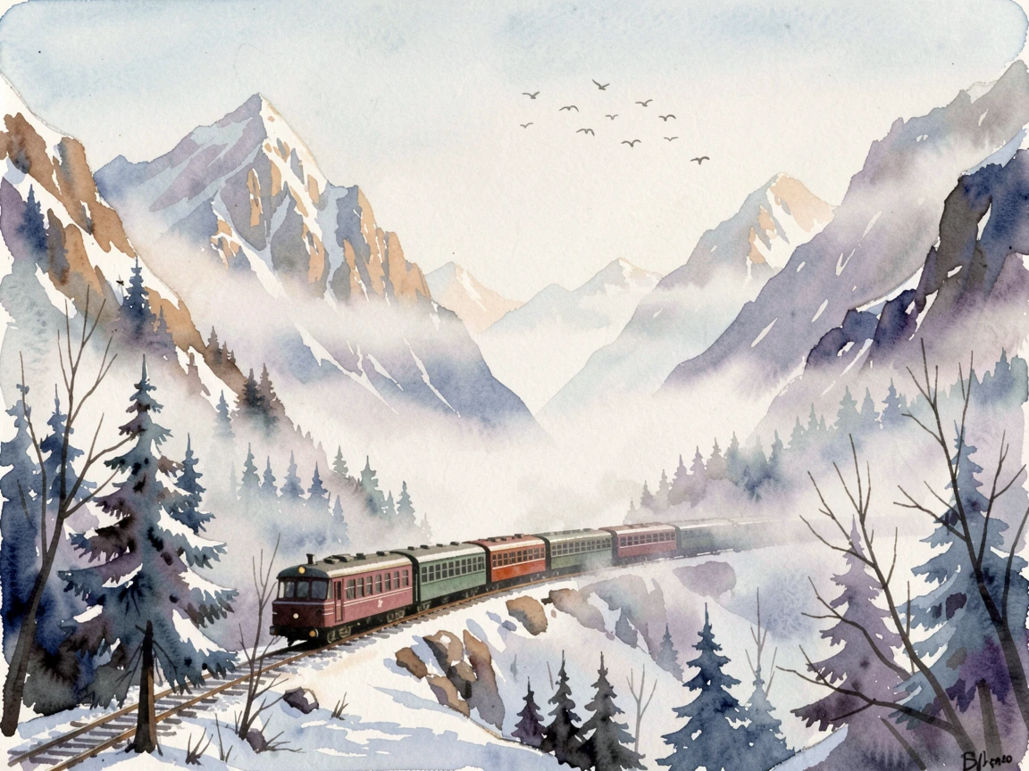 A train winding through snow-capped mountains with soft morning fog rolling through with birds circling overhead.