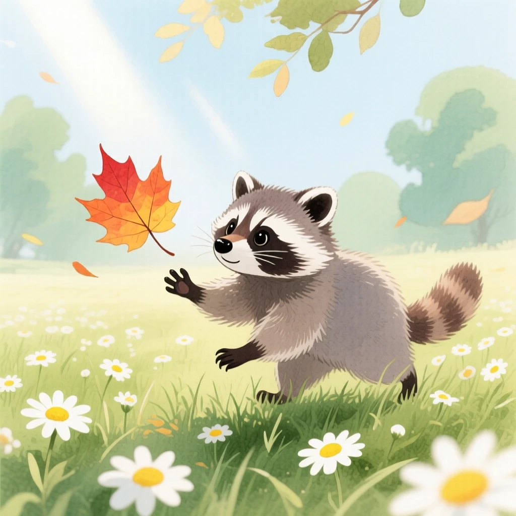 A baby raccoon chases a fluttering leaf in a meadow full of daisies, while soft light filters through nearby leaves