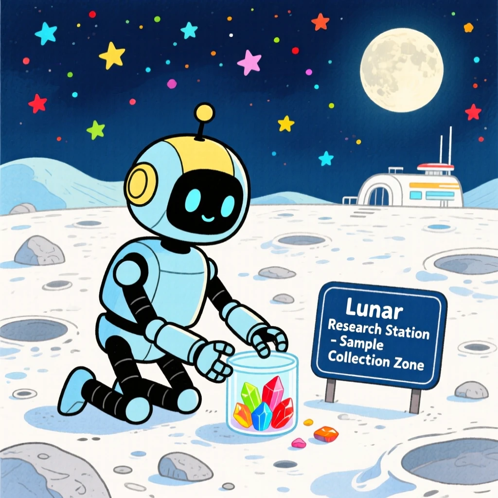 An imaginative scene of a robot companion collecting samples on a distant moon.