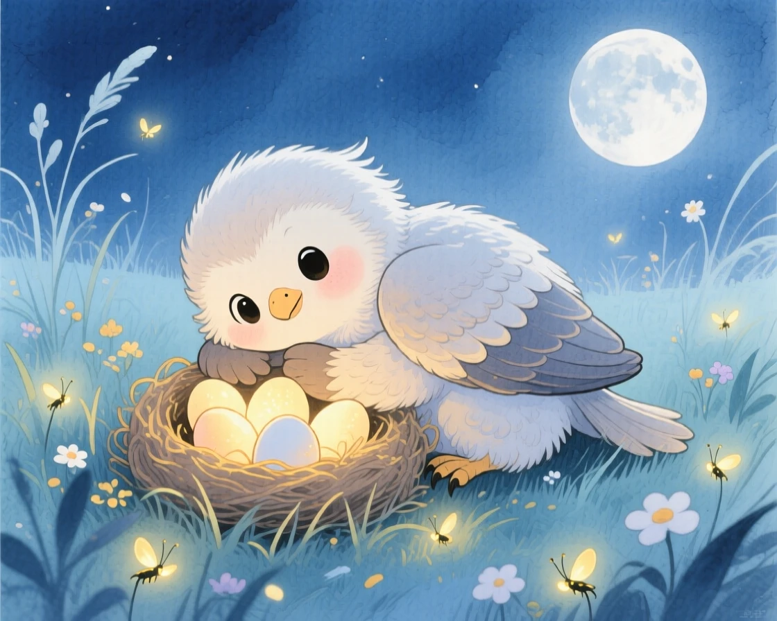 A curious baby griffin curling protectively around a nest of glowing eggs, in a moonlit meadow dotted with fireflies, filled with a sense of peaceful mysticism.