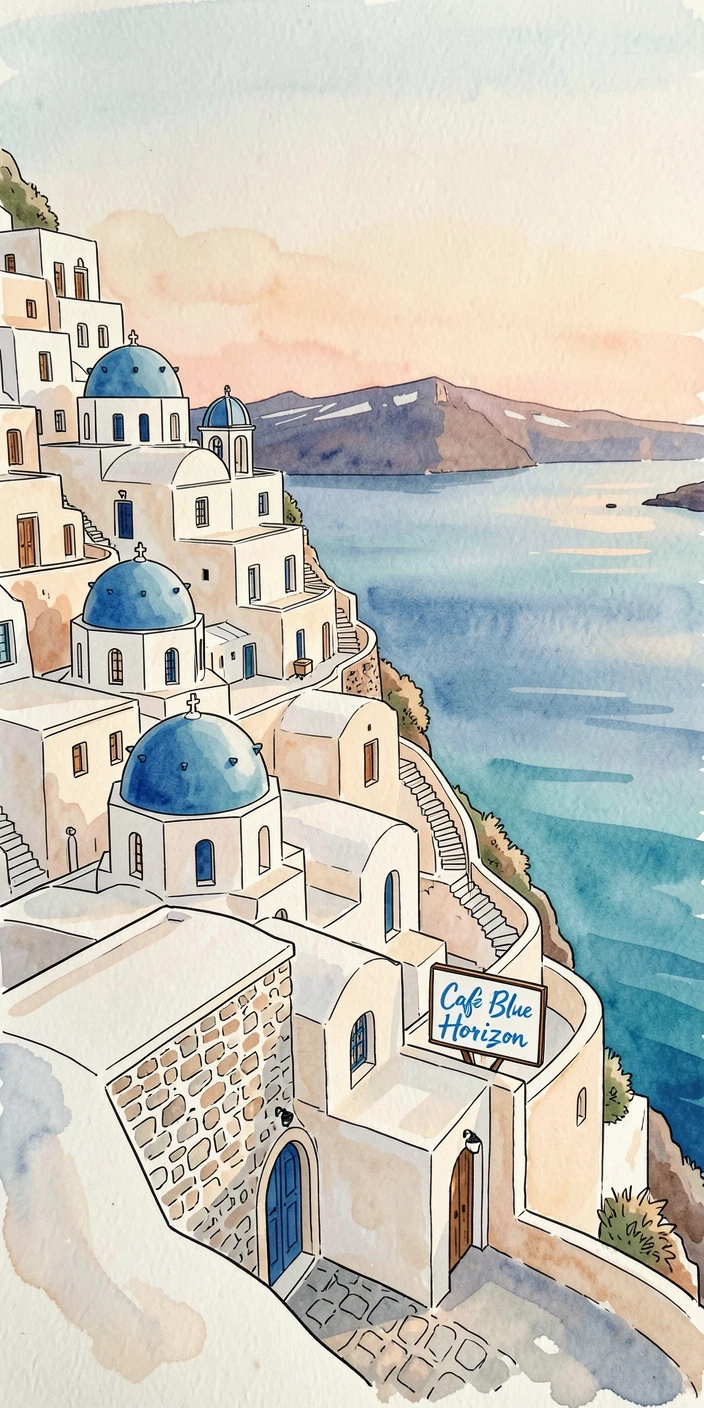 A hillside town in Santorini with white buildings and blue domes overlooking the sea, soft evening light glowing warmly over the buildings.
