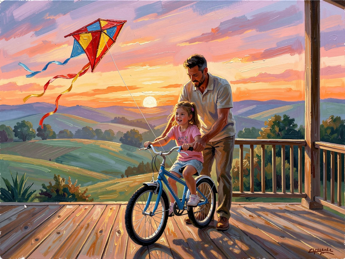 A father teaching his daughter to ride a bicycle, on a porch overlooking rolling countryside, a kite dancing and dipping in the breeze above, as the sun sets in brilliant color behind them.
