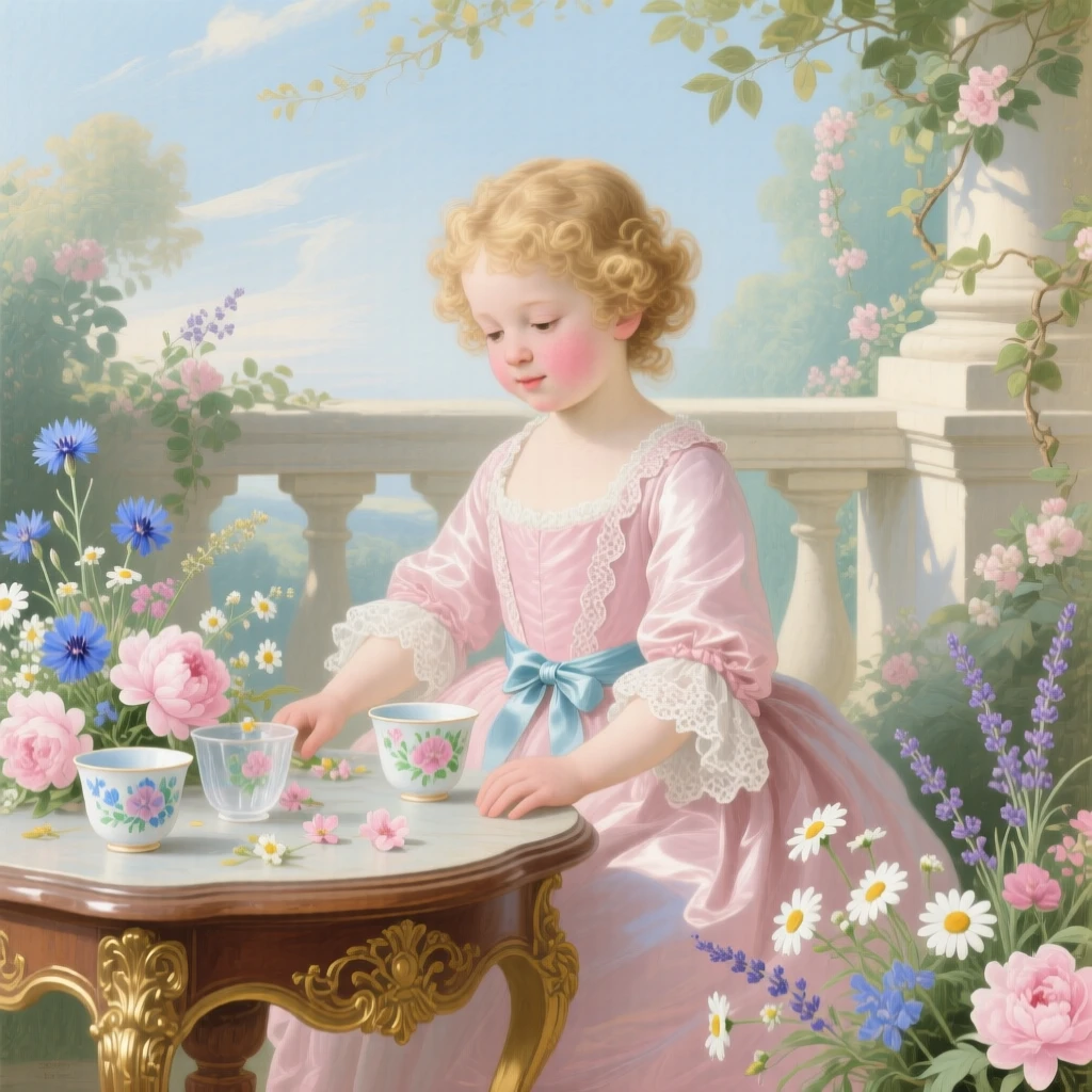 A child arranging wildflowers in tiny porcelain cups  