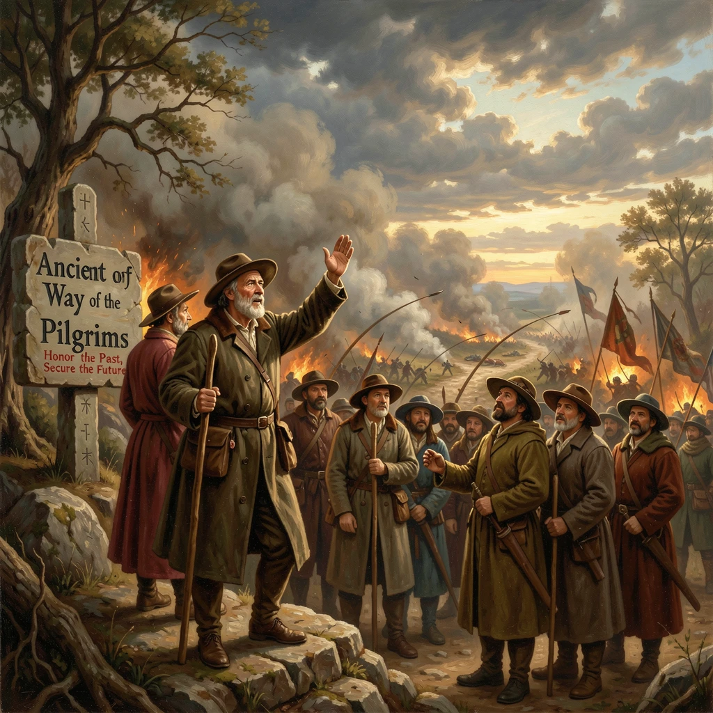 A group of pilgrims addresses his troops before an ancient trading route amid the smoke of battle.