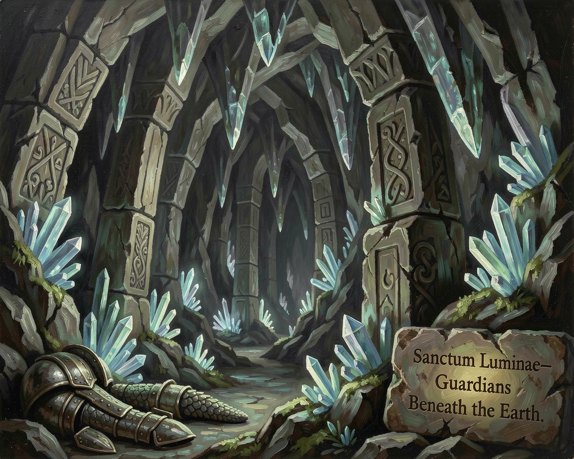 A crystal cave illuminated by thousands of glowing bioluminescent formations, with intricate textures on armor, scales, or ancient stone, evoking wonder, mystery, and epic storytelling