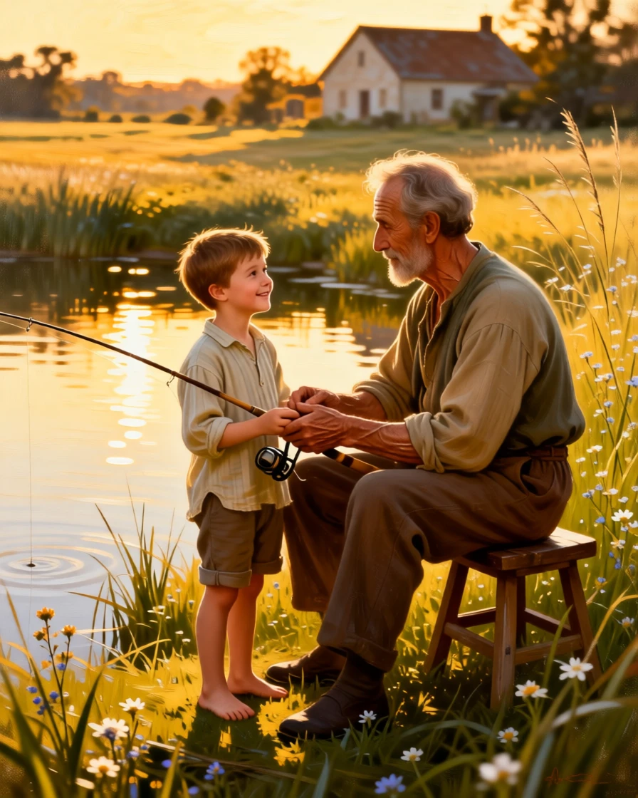 A grandfather teaching his grandson to fish at a quiet pond in a scene glowing with warmth and quiet devotion, set within a sunlit meadow just beyond a quiet farmhouse, with soft golden light catching genuine, unguarded smiles; the composition draws the eye naturally to interlocked hands or shared eye contact, evoking pure, unguarded tenderness and love.