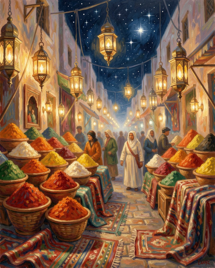 A bustling Moroccan souk filled with stacks of colorful spices, woven rugs, and hanging brass lanterns, under a canopy of stars, evoking timeless charm and quiet elegance.