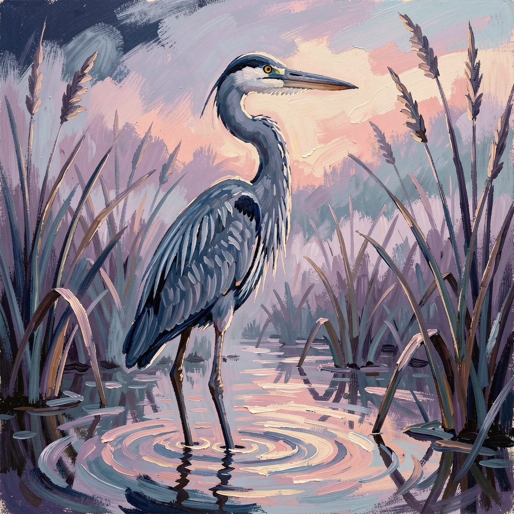 A great blue heron standing motionless in a misty marsh at dawn.