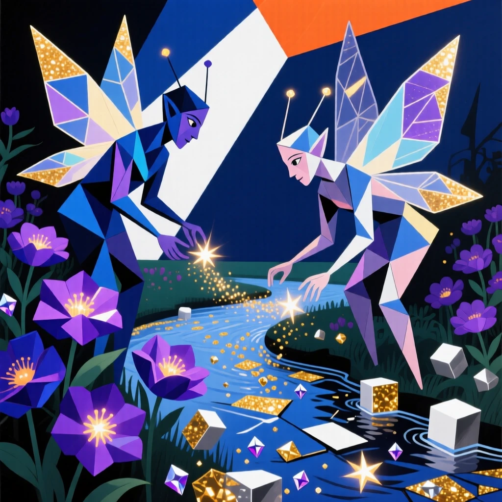 A magical scene of a garden of glowing flowers tended by fairies beside a river of shimmering stardust.