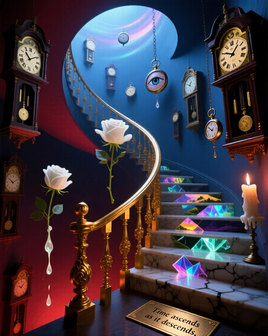 An infinite staircase spiraling both upward and downward at once exists in a space where up and down have no meaning, as every clock within view shows a different, ticking hour.