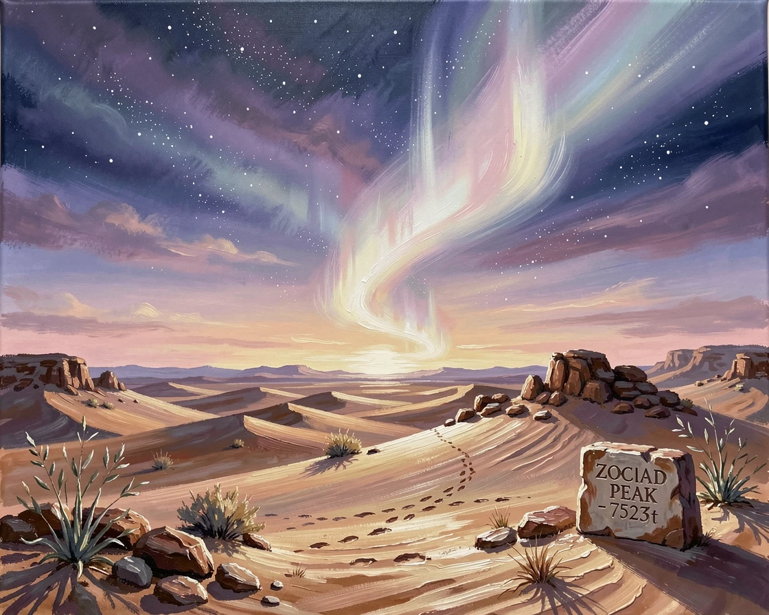 A brilliant zodiacal light glows along the horizon before dawn in a remote desert, the faint band of interplanetary dust catching first light, small magical details scattered throughout the scene rewarding a closer look.